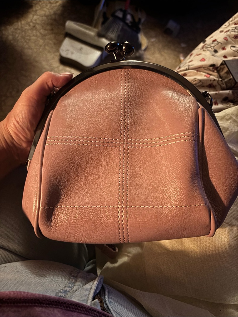 Women’s Blush Pink Leather Frame-Top Wristlet
